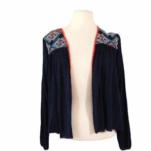 American Eagle Outfitters Navy Open-Front Tunic with Multicolor Embroidery